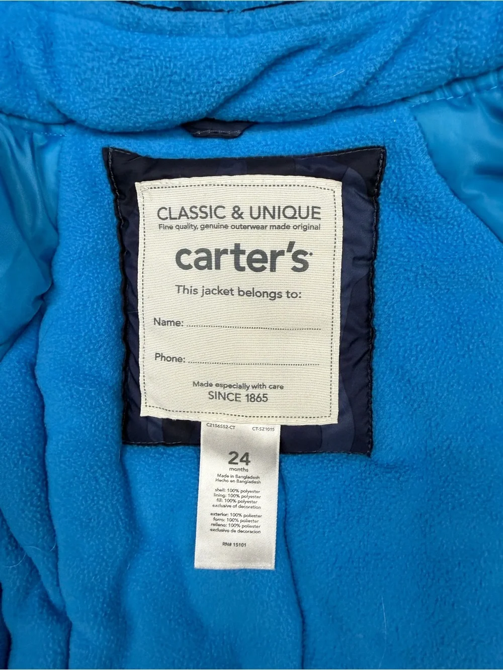 Carter's Toddler Boy Camo Puffer Jacket 24 Months Hooded Blue Fleece Lined